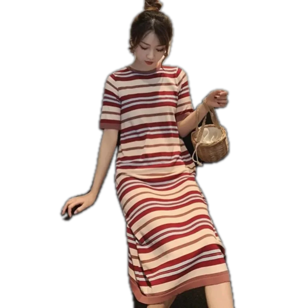 Women's Striped Knit Midi Dress New Arrival Casual Loose Fit T-Shirt Dress