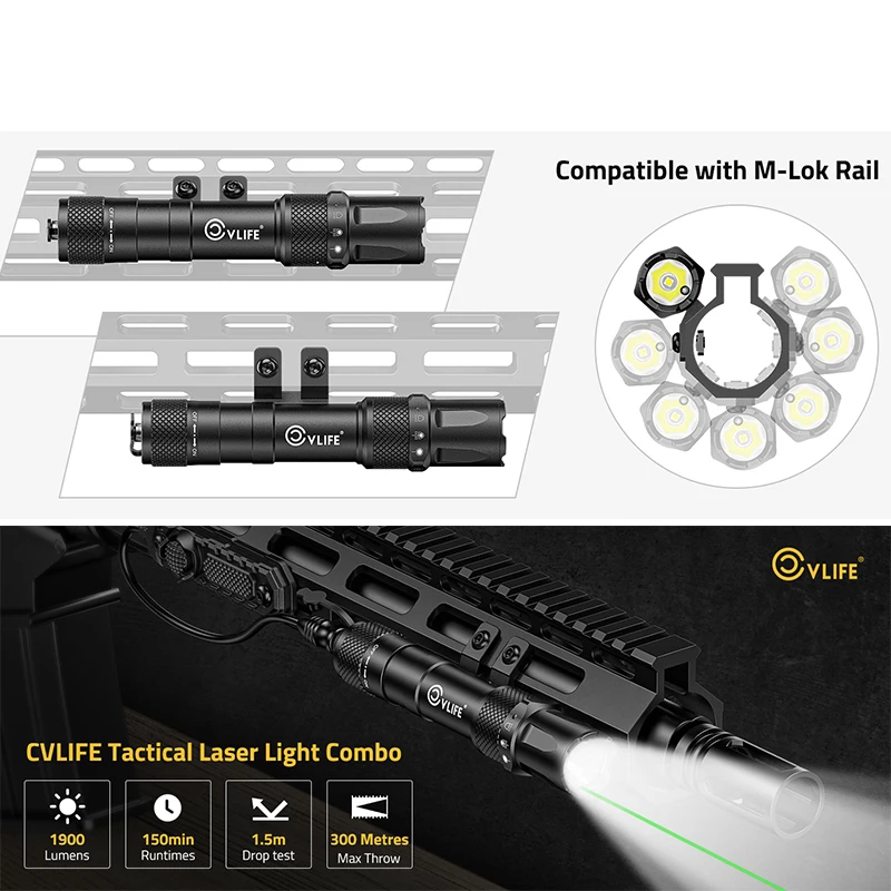 

1900 Lumens Tactical Flashlight Green Laser Sight for Rifle Compatible with M-Rail Rechargeable with Remote Pressure Switch