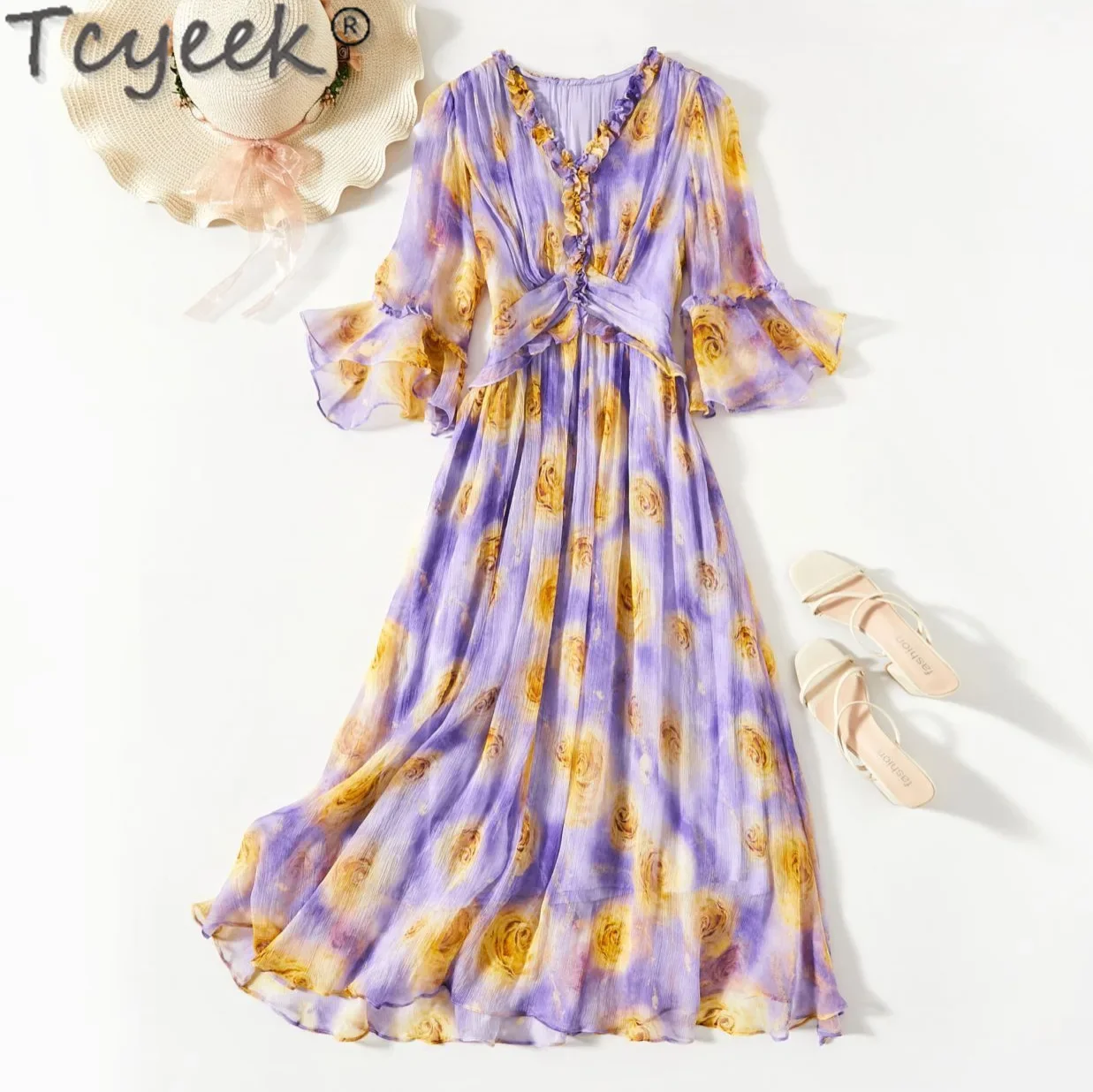 

Tcyeek 100% Mulberry Silk Dresses for Women Fashion Summer Dresses 2024 Long Dress Elegant Women's Dresses Vestidos Para Mujer