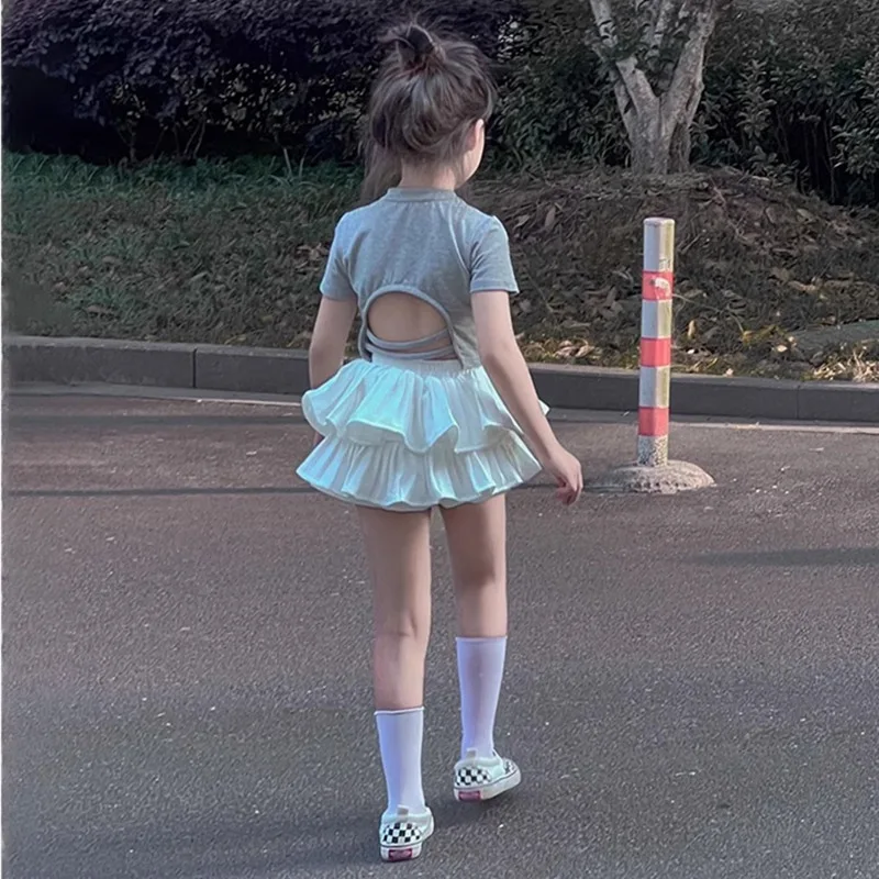 

2025 подростковая летняя детская одежда для девочек, хлопковый укороченный топ с короткими рукавами, футболка с открытой спиной + многоярусная плиссированная юбка 5, 6, 7, 8, 9, 12 лет