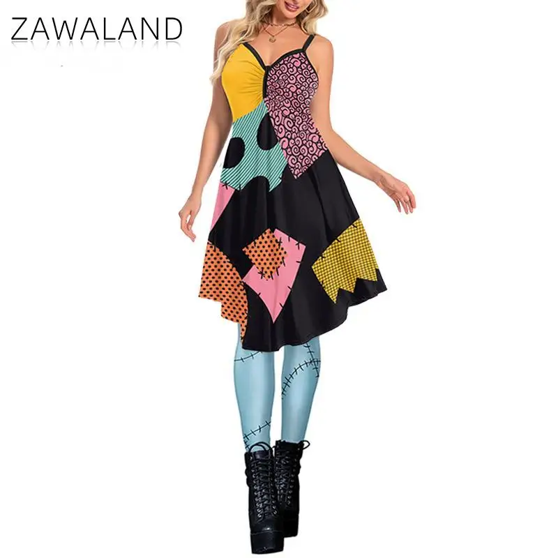 Zawaland Christmas Horror Sally Cosplay Costume Zombie Dress for Women Halloween Dress Up Funny Party Dresses Leggings Suit