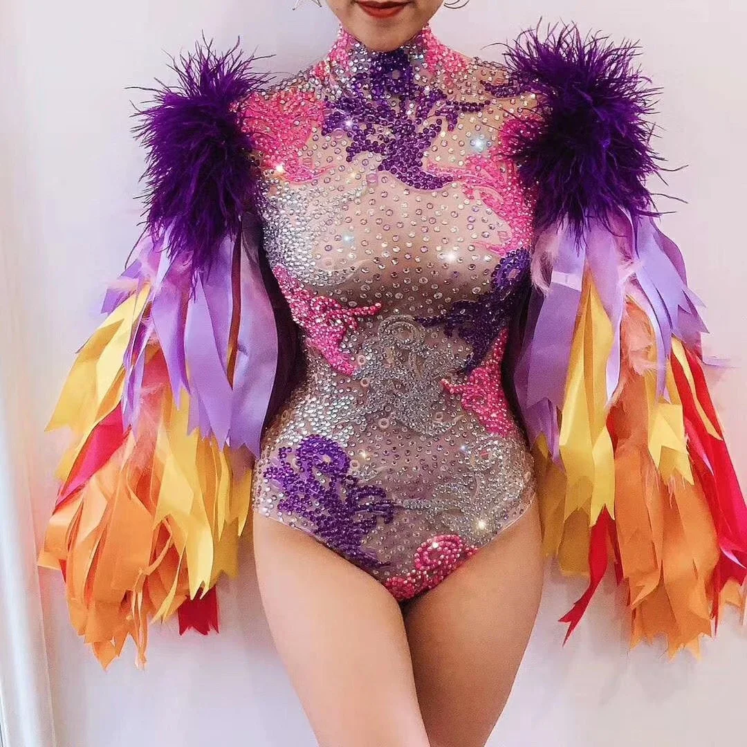 

Women Multi-Color Ribbon Long Sleeve Shiny Diamonds Bodysuits Skinny Stretch Leotard DJ Singer Dance Stage Wear Pole Drag Outfit