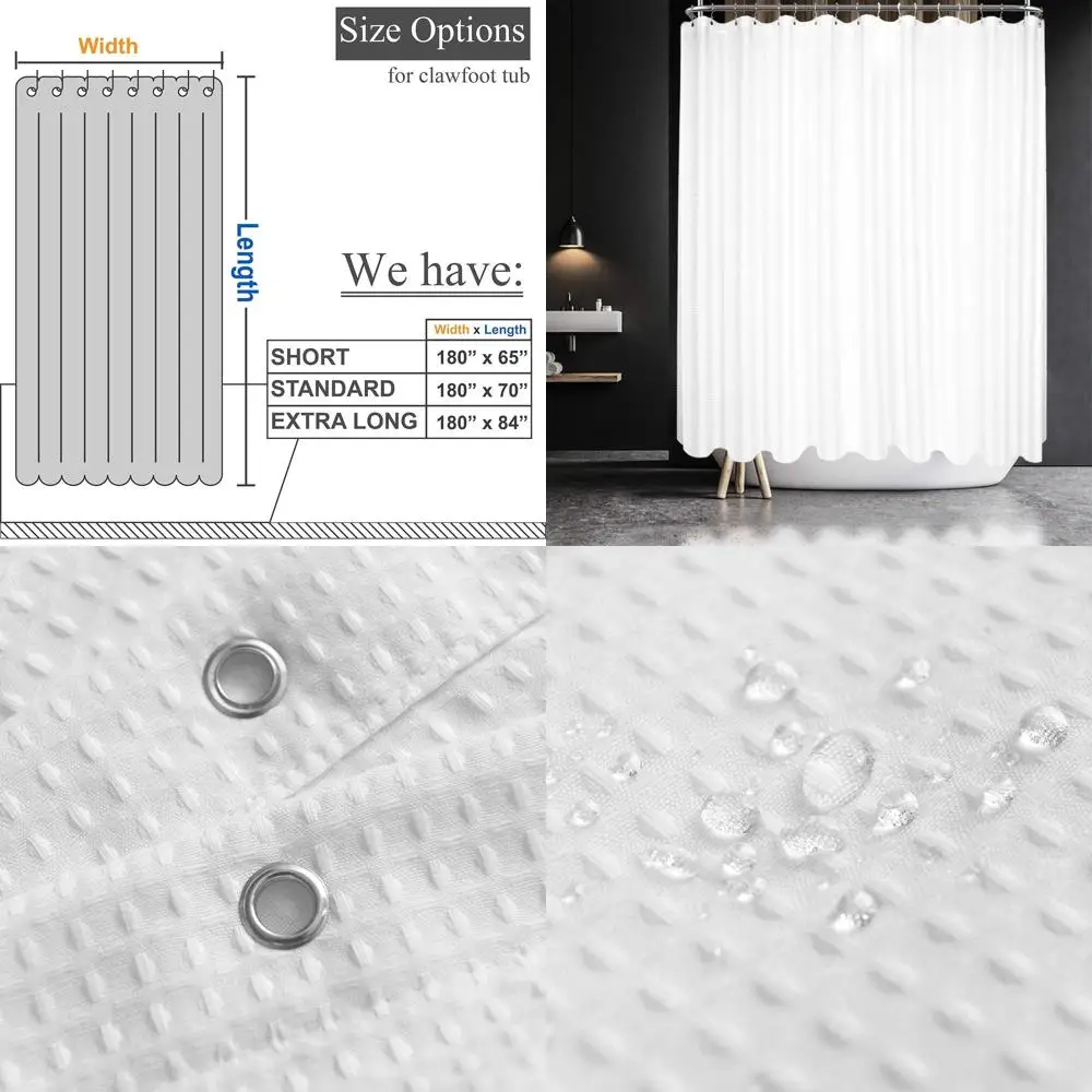 

Heavy-Duty 180x65 Inch Waffle Weave Shower Curtain with 36 Hooks, Water-Resistant, White