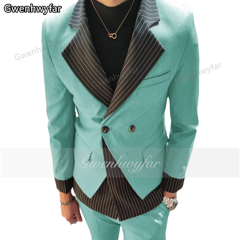 Gwenhwyfar Fashion High Quality Custom Stitching Design Casual Blazer Men's Korean Street Retro Double Breasted Men's Suit