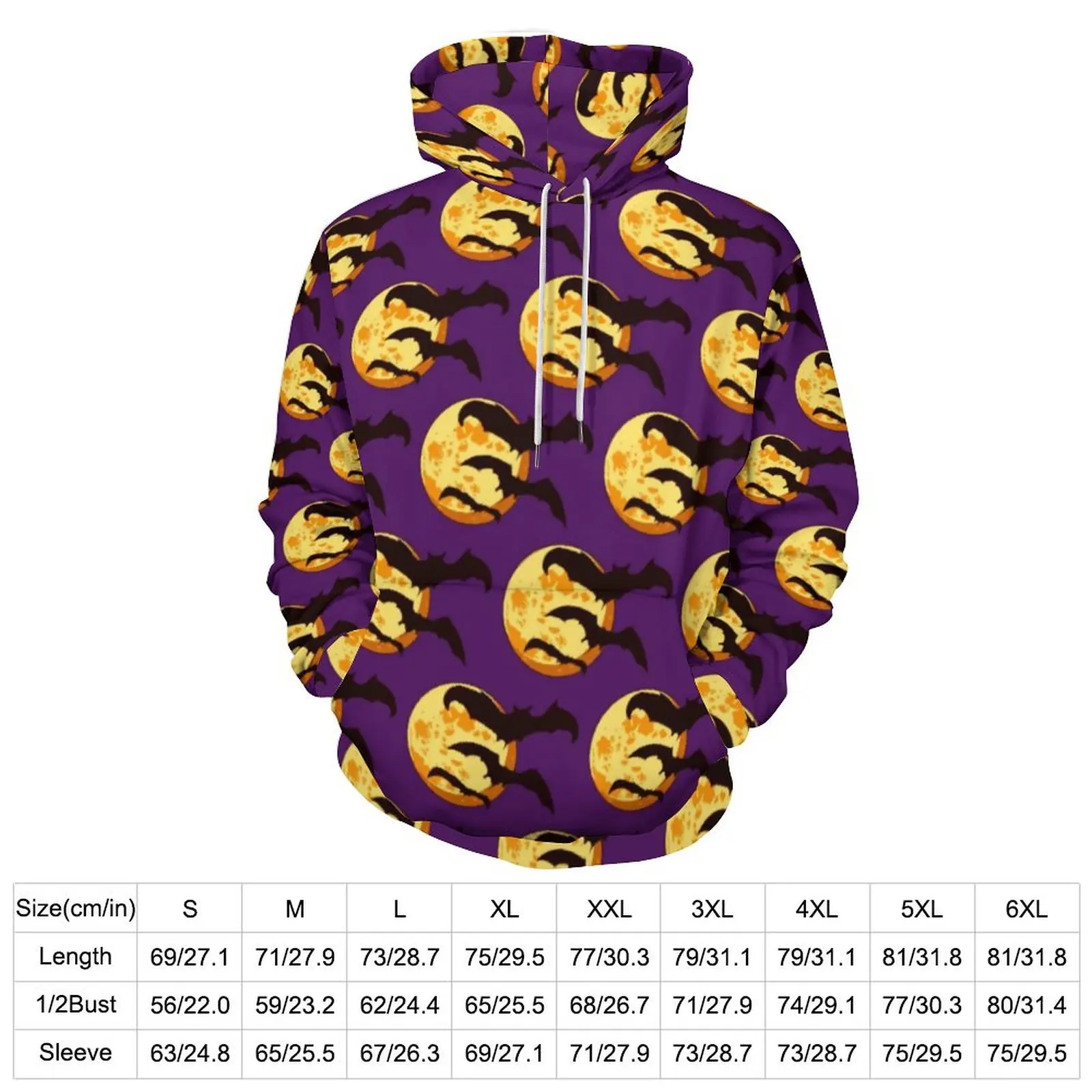 Moon Flying Bats Hoodies Cute Halloween Hip Hop Casual Hoodie Long-Sleeve Modern Printed Hooded Sweatshirts Big Size 4XL 5XL