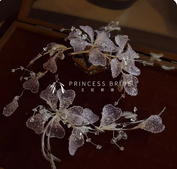 New fairy hand-made transparent broken pink diamond three-dimensional petal bride hair age-reducing feather wedding dress smart