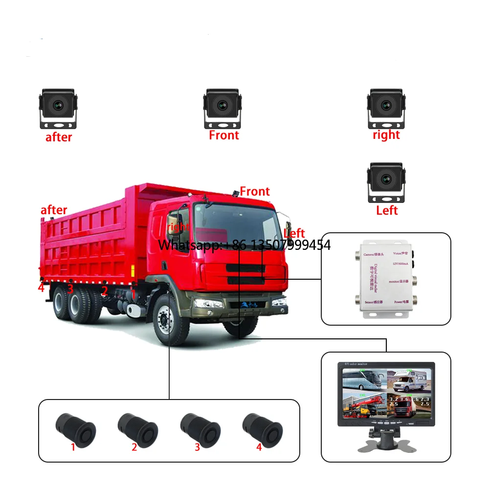 

24V Truck Reverse Camera Parking Sensor System with Voice Alarm Flash Light Monitor Type Radar Detector for Truck Parking