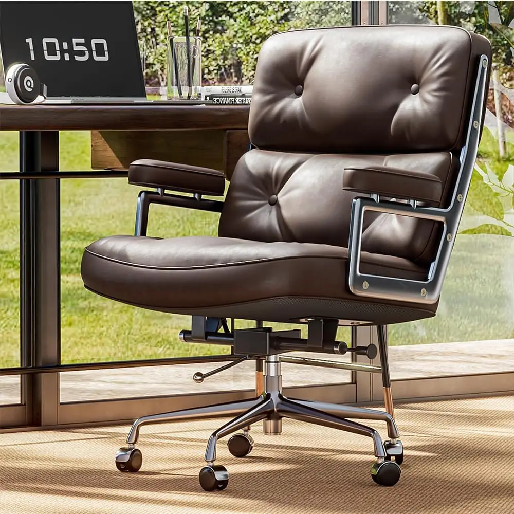 Genuine Leather Office Chair, Mid Back Executive Desk Chair With Aluminum Arms And Wheels, Swivel Office Leather Chair With