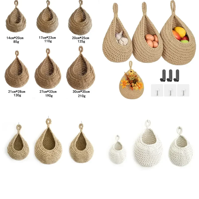Bohemian Hanging Fruit Basket Hand-woven Wall Storage for Kitchen Vegetable Organization Household Decor