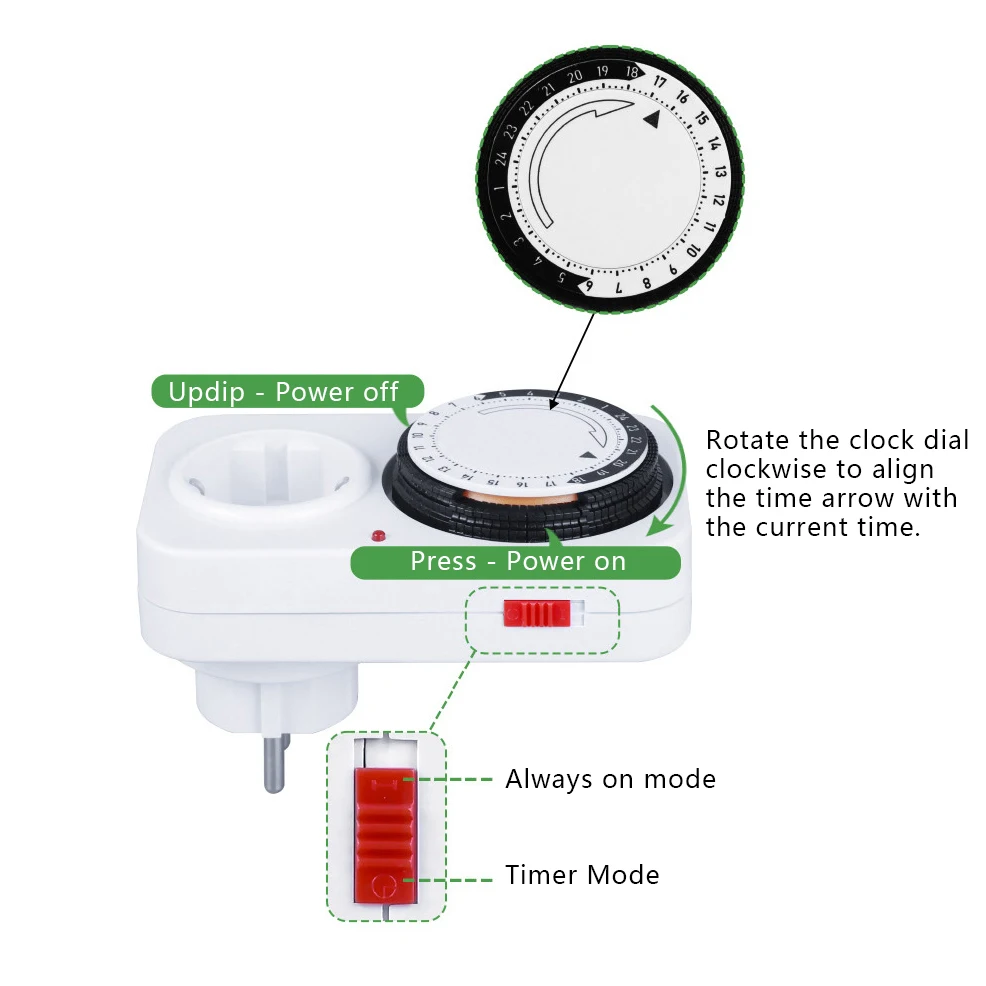 Tomada com Temporizador Mecânico para Padrão Alemão ou Francês, Ciclo de 24 Horas, Interruptor Automático, Suporta 16A 3680W de Alta Potência