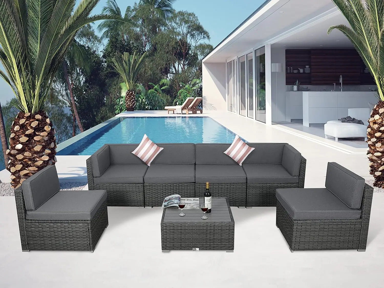 7PCS Outdoor Sectional Sofa Set w/Cushions,Patio PE Rattan Wicker Conversation Couch Sets w/Slatted Coffee Table&Striped Pillows