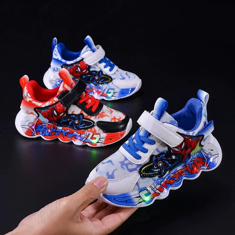 

Кроссовки Disney Spider-Man для мальчиков со светодиодной подсветкой — красная/синяя детская противоскользящая уличная обувь | Весенний весь день Комфорт Размер 21-30