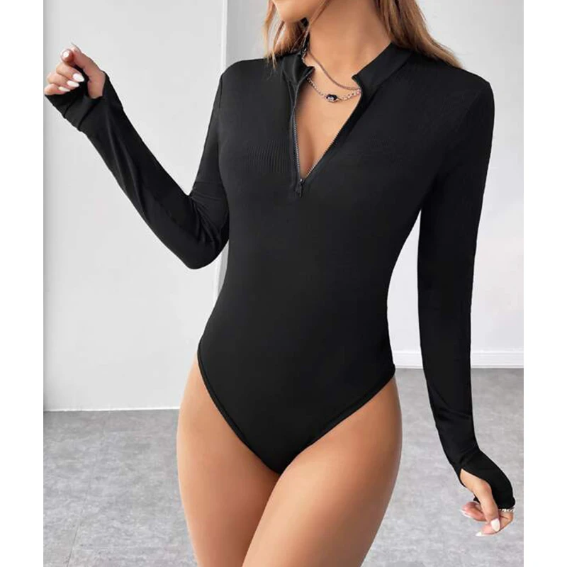 CHILLGIO Frauen Langarm Trend Body Sexy Zipper Stretch Engen Overall Sport Top Ein Stück Kombination Strampler Streetwear – Detail 7