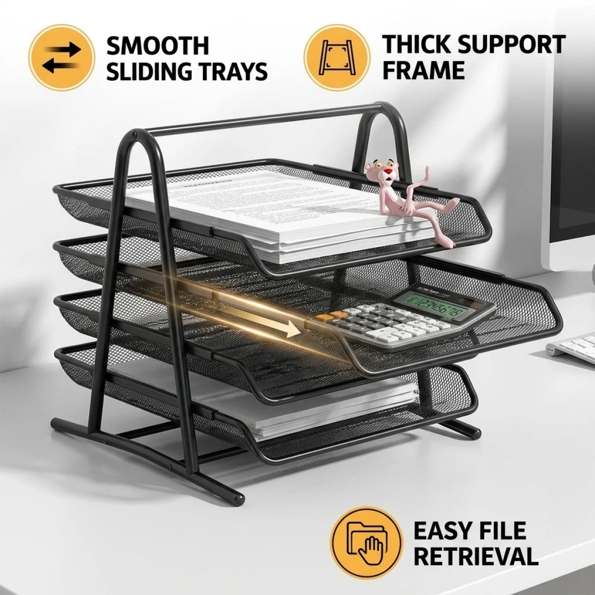 

Robust Metal 4-Tier Paper Organize –Large Capacity Desktop File Rack,Duty Sliding Trays for Office