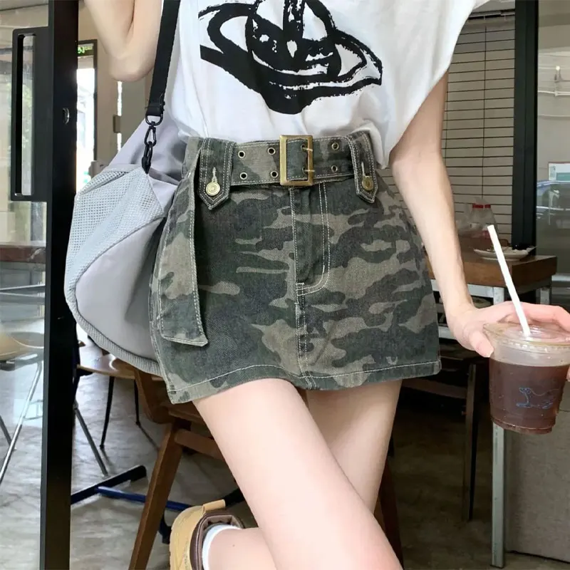 

High Street Camouflage Denim Skirts Women's Clothing Vintage Bag Hip Spring Summer High Waist Stylish Sashes Cargo Mini Skirts