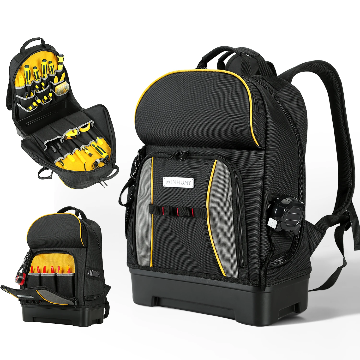 WINHUT，Tool Backpack with Hard Base and 27 Storage Compartments for Large-Capacity Storage (with Black Base and Yellow Trim)