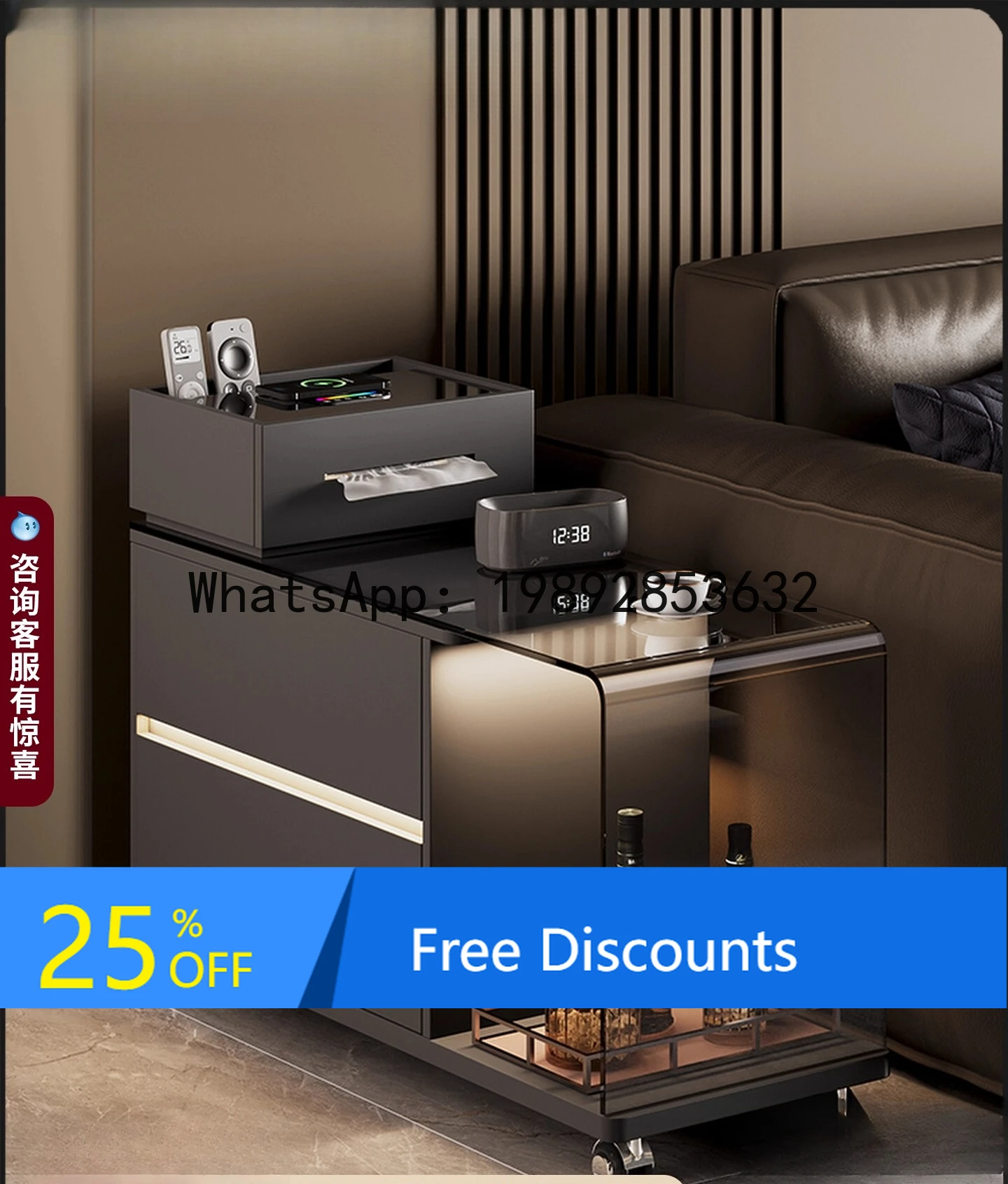

LYY Italian Minimalist Sofa Side Table Solid Wood Side Cabinet with Wireless Charging Living Room Movable Small Coffee Cabinet