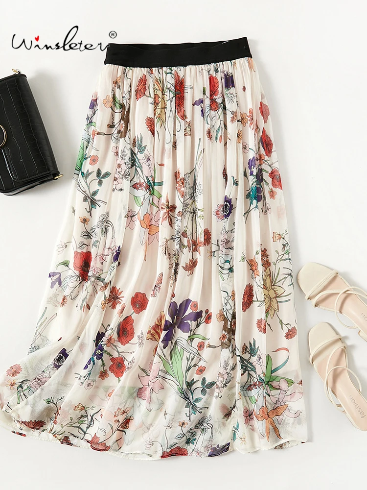 

Winsleter, 100%Real Silk Elegant Skirts, Women Elastic Waisted Floral, Vacation Commute A-line Skirt, 2024 Summer Fall B46833QC