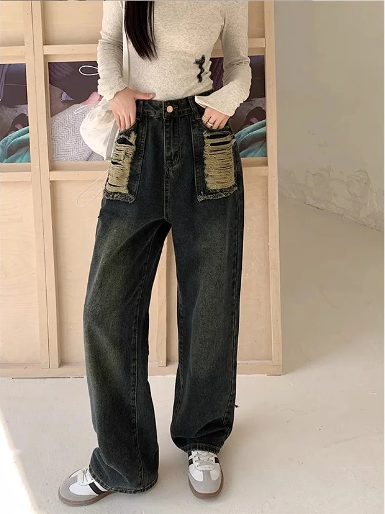 Taille haute jambe large américain rétro Denim pantalon ample pantalons longs pour poire aped femmes automne nouveau Sle taille haute droite...