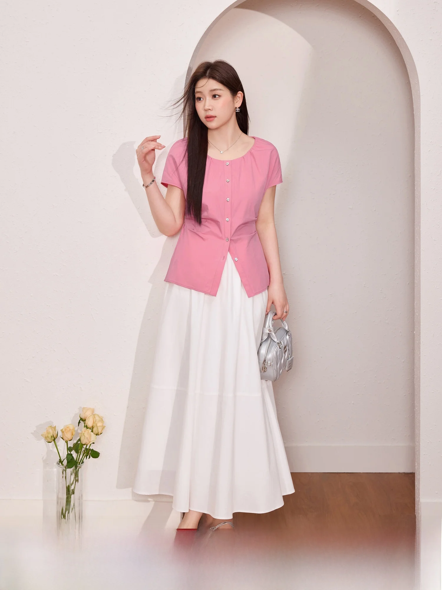 

Blue Language plus Size Women's Faion Set with Pleated A-Line Skirt And Belt Summer Slimming Outfit Cotton Blend