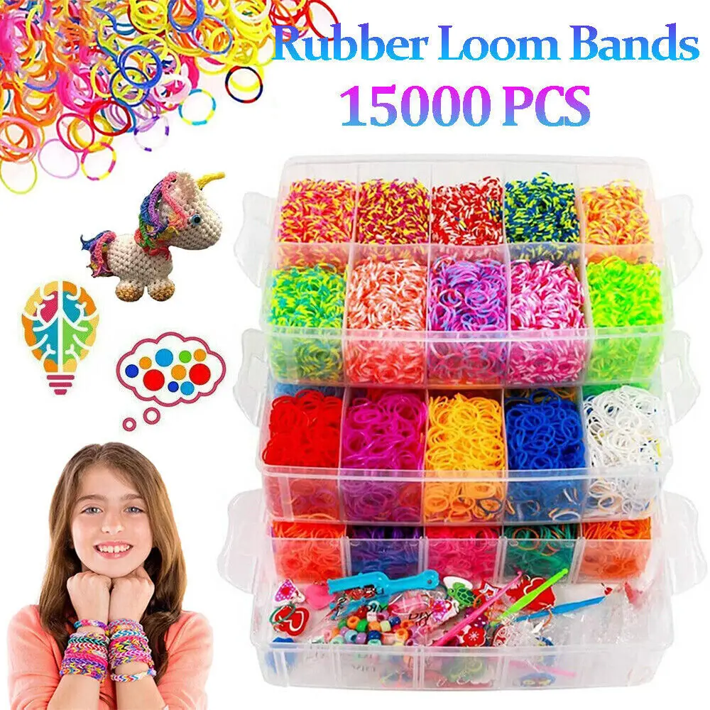 15000/4500pcs Kit Box Gummi Webstuhl Bänder Kinder mehrfarbig machen gewebte Armband Regenbogen Gummibänder für Armbänder