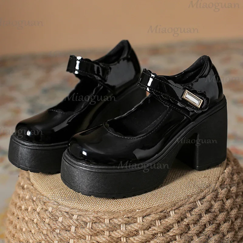 Туфли Лолиты на высоком каблуке 10 см. Женские туфли-лодочки с круглым носком. Туфли Мэри Джейн. Женские винтажные туфли для девочек-студентов JK. Униформа. Лоферы на платформе.