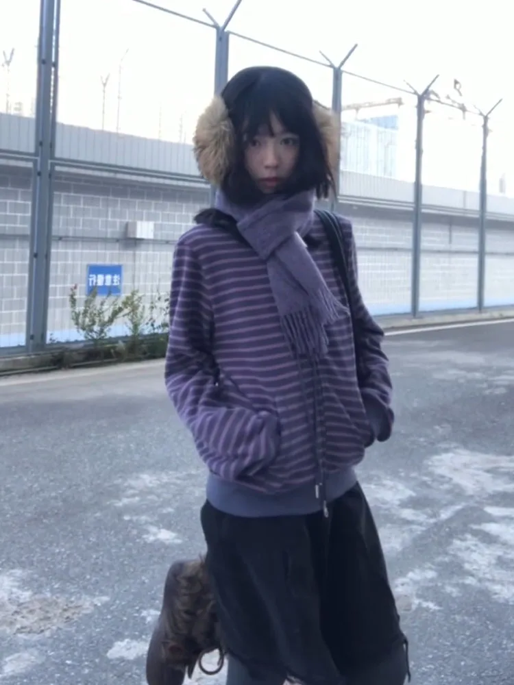 Retro y2k roxo listrado zíper hoodie feminino outono inverno carta bordado tamanho pequeno casual aberto cardigan jaet