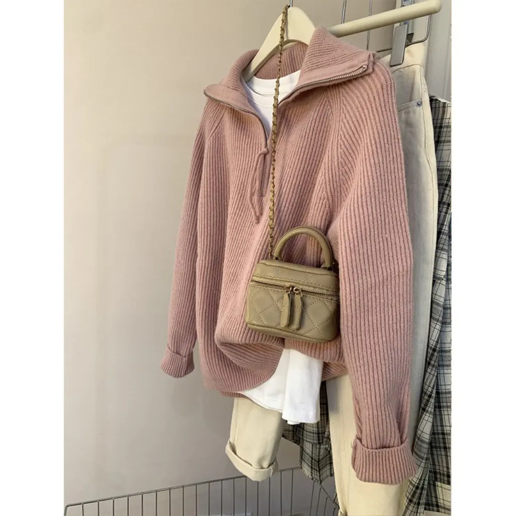 

Korean Grey Half Zip Sweater Women's Autumn Winter Outerwear Design Soft Cozy Overhead Knittedwear Collared Jacket Top