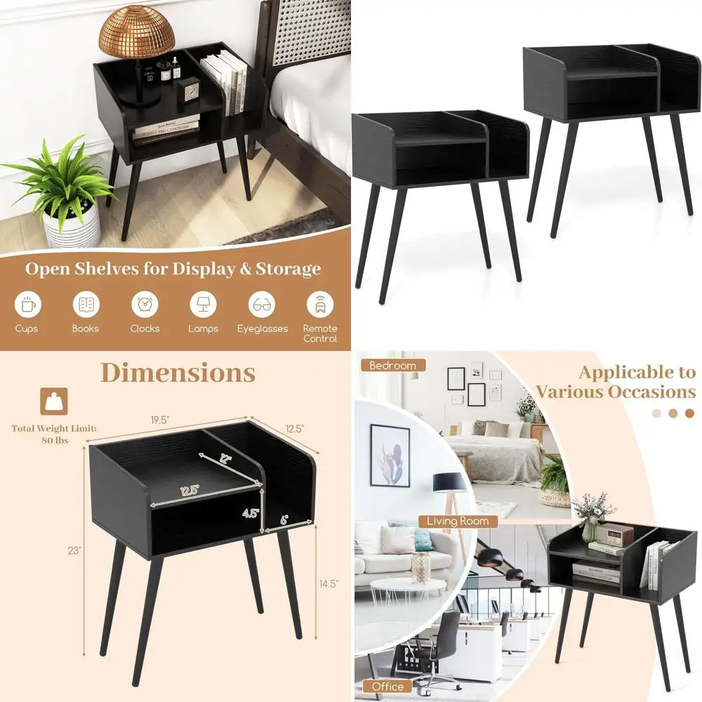 

Pair of Mid-Century Modern Nightstands with Open Shelves and Metal Legs for Bedroom, Living Room, and Dorm Decor