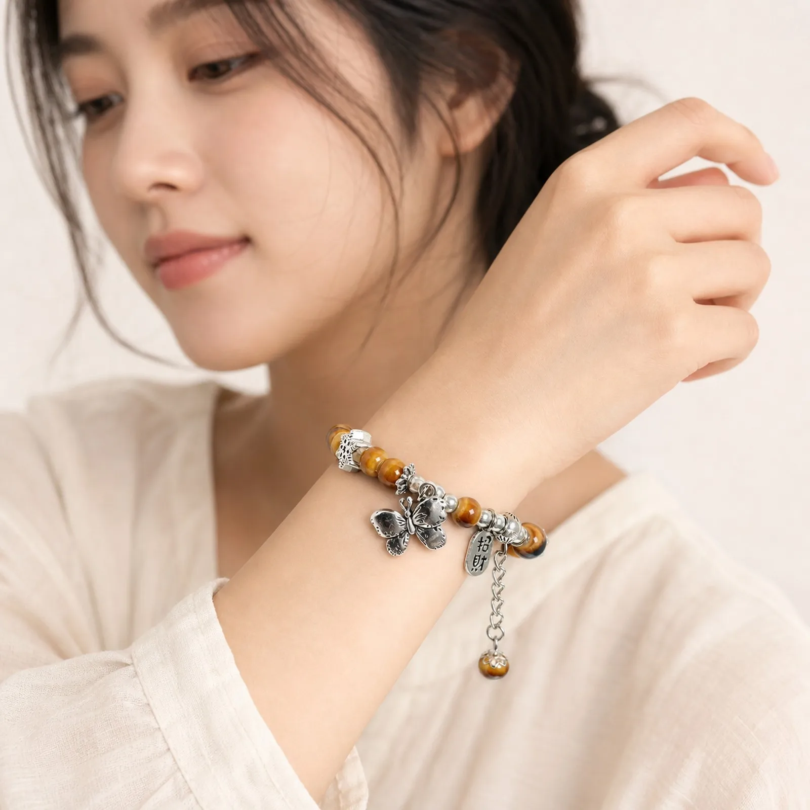 Handmade Ceramic Beaded Bracelet with Snowflake Butterfly Detail Handwoven Wax Cord and Metal Accents Y260713-02