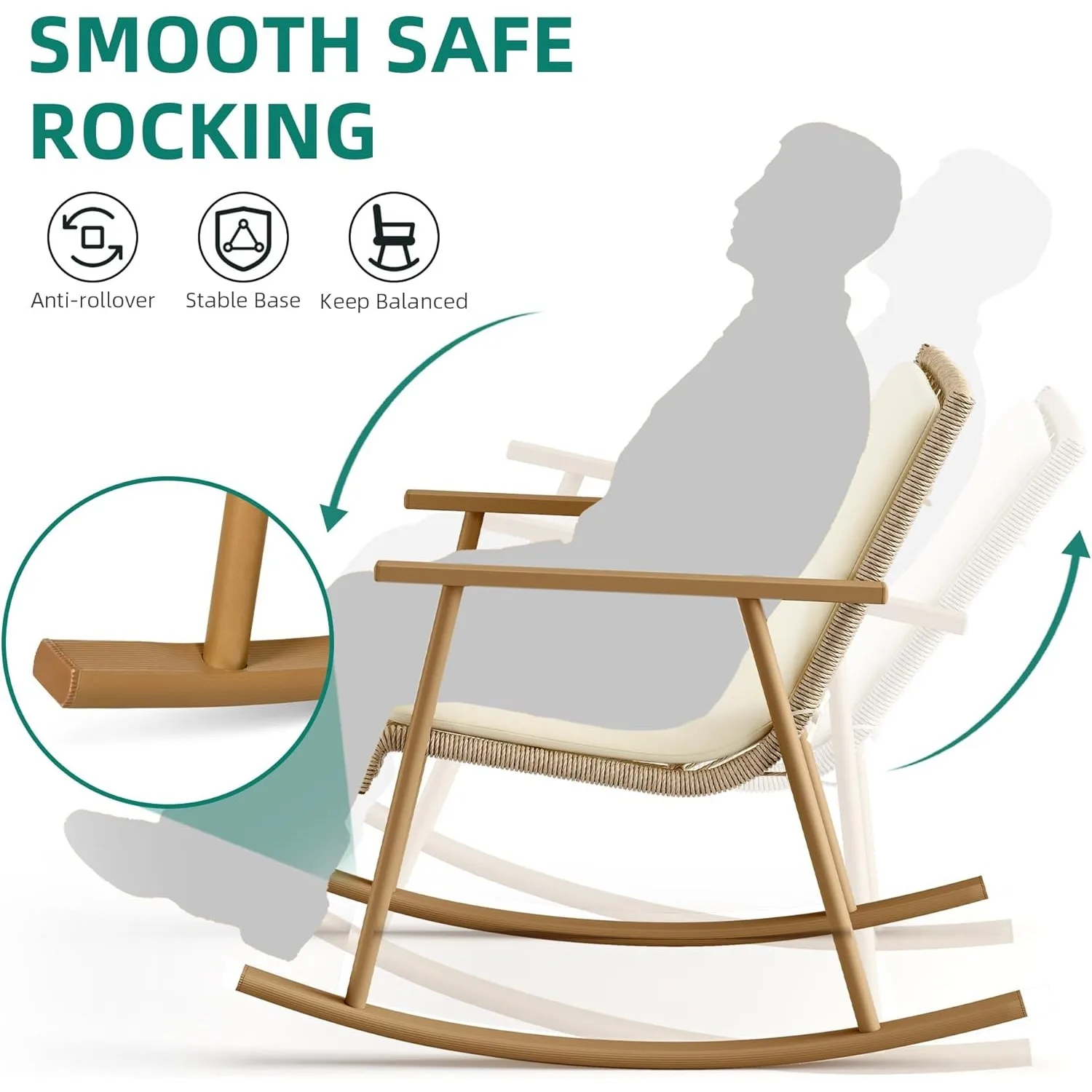 3 Pieces Patio Wicker Rocking Bistro Set, Oversize Outdoor Rattan Conversation Set with Soft Cushions & Square Side Table(Beige)