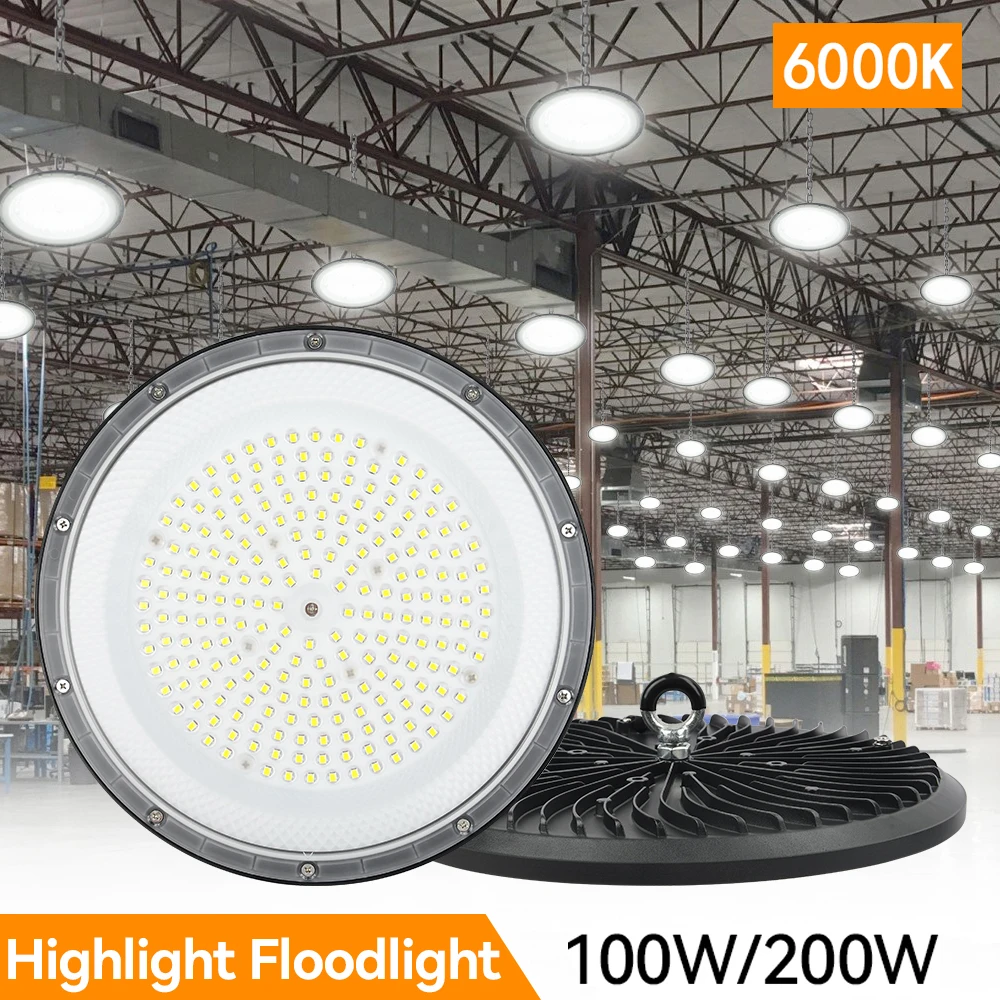 ufo led projector industrial ip65 lampada impermeavel garagem ginasio fabrica armazem high bay lights 100265v 100w 200w 01