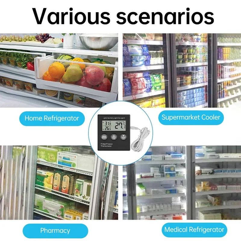 เครื่องวัดอุณหภูมิตู้เย็นดิจิตอลพร้อมสัญญาณเตือนอุณหภูมิจอแสดงผล LCD เครื่องวัดอุณหภูมิตู้เย็นตู้แช่แข็งแบบดิจิตอล