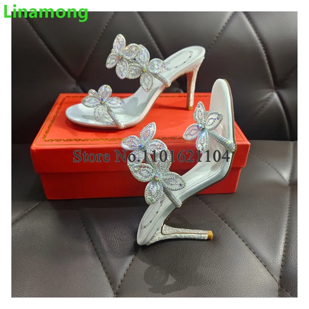 White Flowers Luxury Design Slippers For Female Women 2024 New Thin High Heel Round Toe Sexy Elegant Shallow Party Outside Shoes