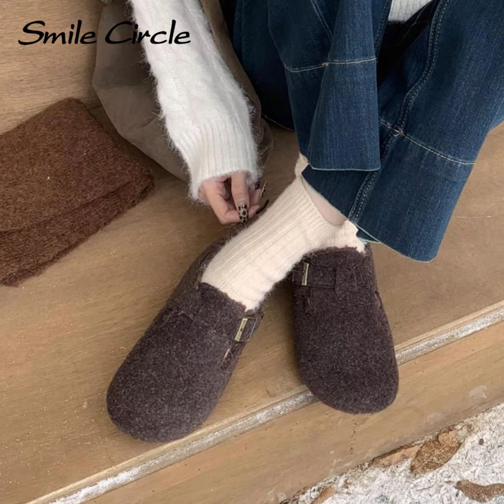 Smile Circle Women's Flats Winter Solid Color Plush Warm Round Toe Casual Flat Shoes