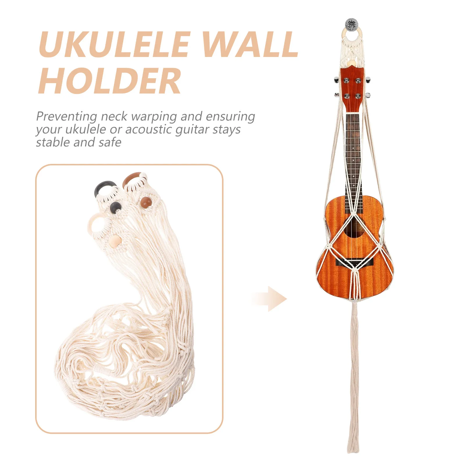 3Pcs Macrame Ukulele Wall Hanger Rope Guitar Holder Handcrafted Boho Decor for 21-24 Inch Soprano Concert Acoustic Instrument - view 2