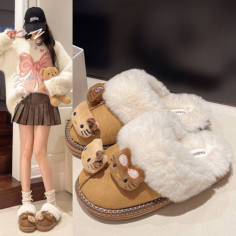  Hello Kitty Brown Cartoon Plush Slippers Winter Warm Closed Toe Slip On Cute Fuzzy Fluffy Indoor Home Slippers For Women Girls 