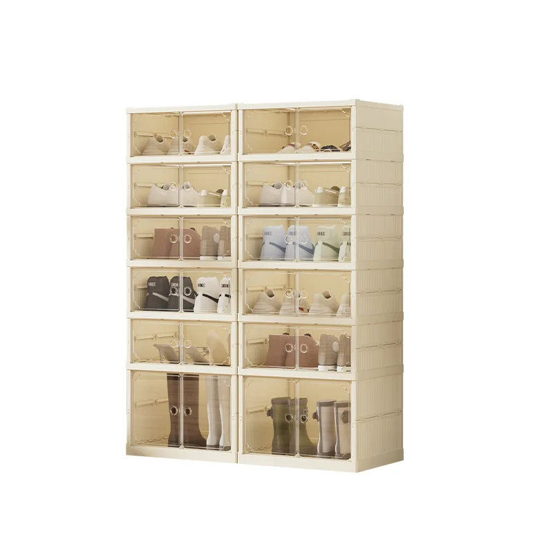 transparent magnetic attraction-free installation storage box foldable Household shoe cabinet storage double-row multi-function