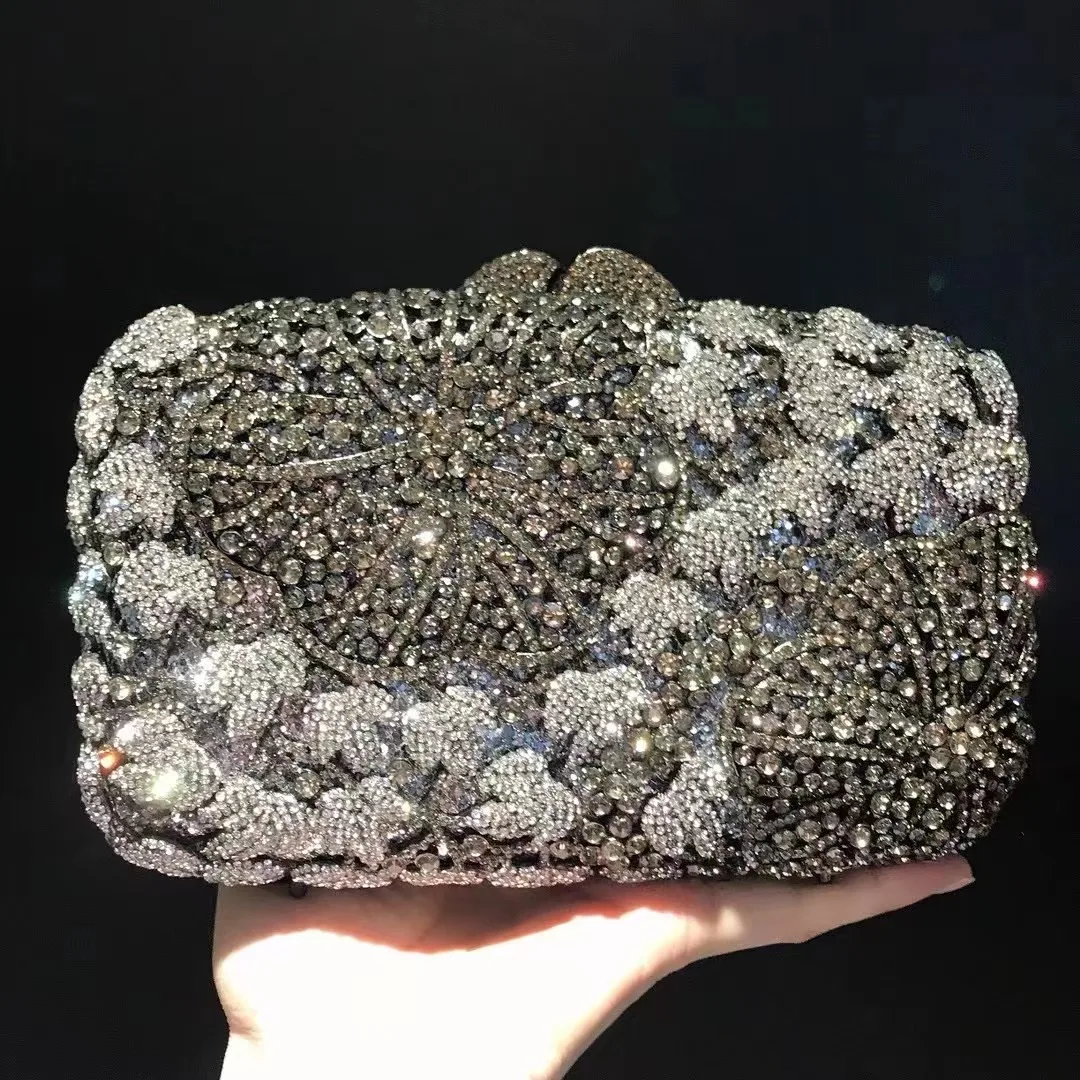 

Luxury Designer Women Diamond Formal Evening Clutches 2022 Floral Crystal Party Prom Purses Lady Rhinestone Shoulder Handbags