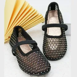 Luxury Lace Mesh Ballet Flat Kid Girls Elegant Brand Design Rhinestones Covered Fishnet Ballerina Shoes Children Dress Zapatos