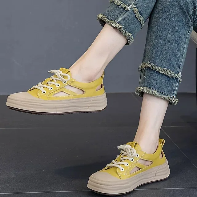 Spain Glas Women's Hollow out Leather Sandals Breathable Thick Heel Slip-On Shoes round Toe Flat Rubber Sole Summer Shoes