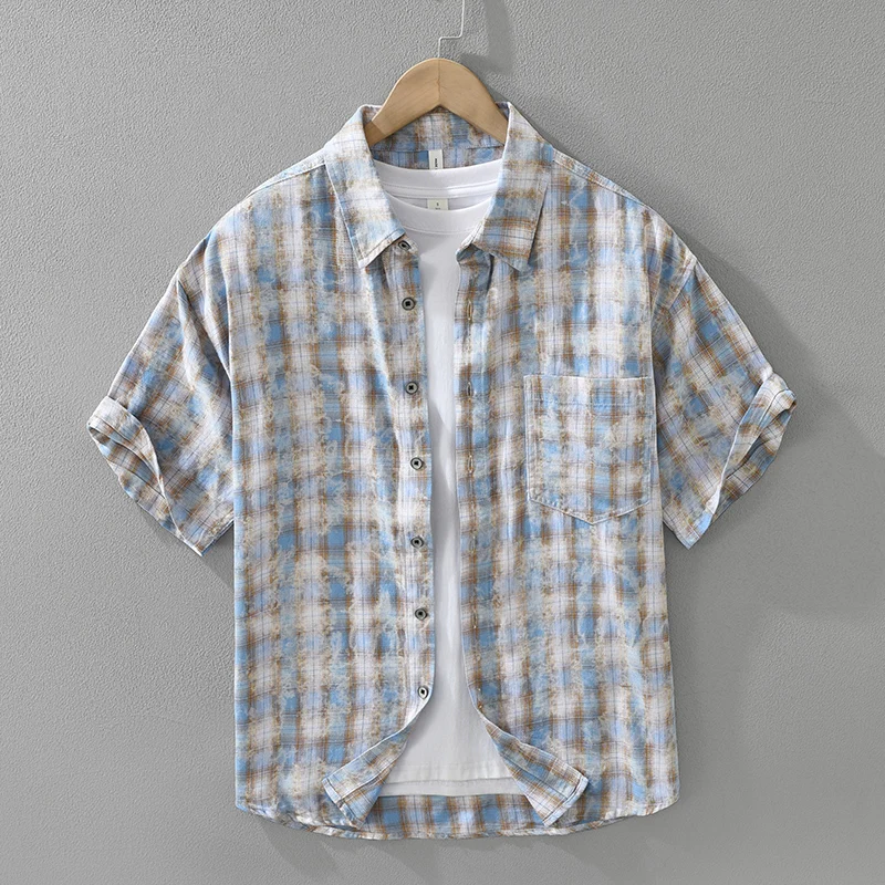 

2026 Summer New 100% Cotton Casual Plaid Short Sleeve Shirt for Men Loose Turn-down Collar Shirt