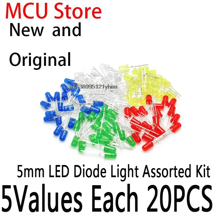 5 Cores * 20PCS = 100PCS Verde Azul Branco Amarelo Vermelho COMPONENTE DIY kit 5MM LED Diodo Luz Assorted Kit