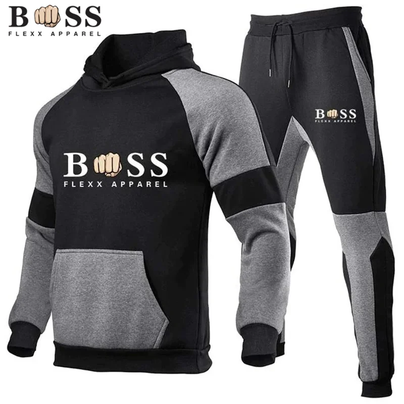 2023 Spliced Colored Men\'s Hoodie Two Piece Running Sports Hoodie Pullover Sweater Set S-3XL