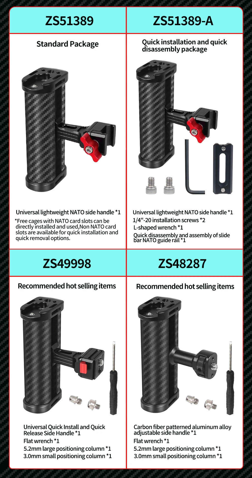 Leichte NATO-Schienenklemme, seitlicher Griff oben, Schnellverschluss-Aluminiumlegierung für Sony Canon Nikon DSLR-Videokamera-Käfig-Rigs – Detail 13
