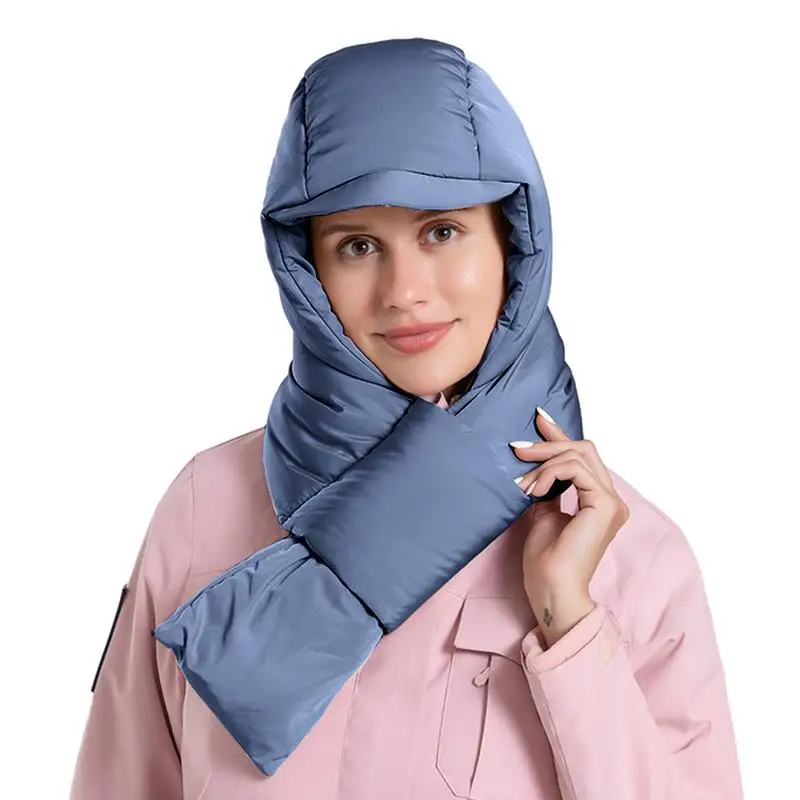 Hooded Scarf For Women Windproof Thick Down Hat And Scarf For Women Integrated Ear Protection Winter Hood Neck Warmer For Cold