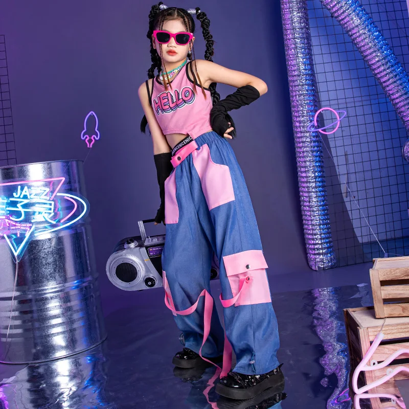 New Jazz Dancing Outfits For Girls Loose Hiphop Kpop Streetwear Children Modern Hip Hop Dance Performance Stage Clothes DQL8678