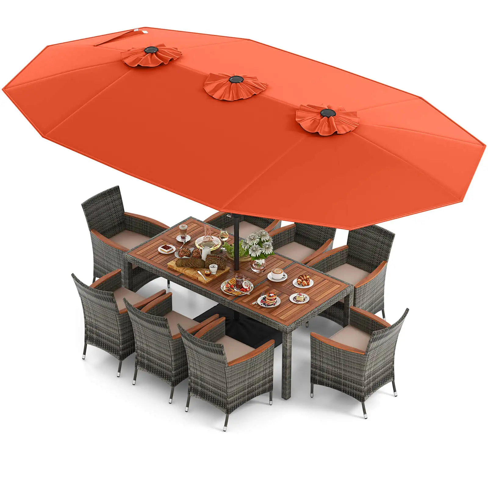 10 Pieces Patio Wicker Dining Set with Double-Sided Patio Umbrella 8 Armchairs Orange