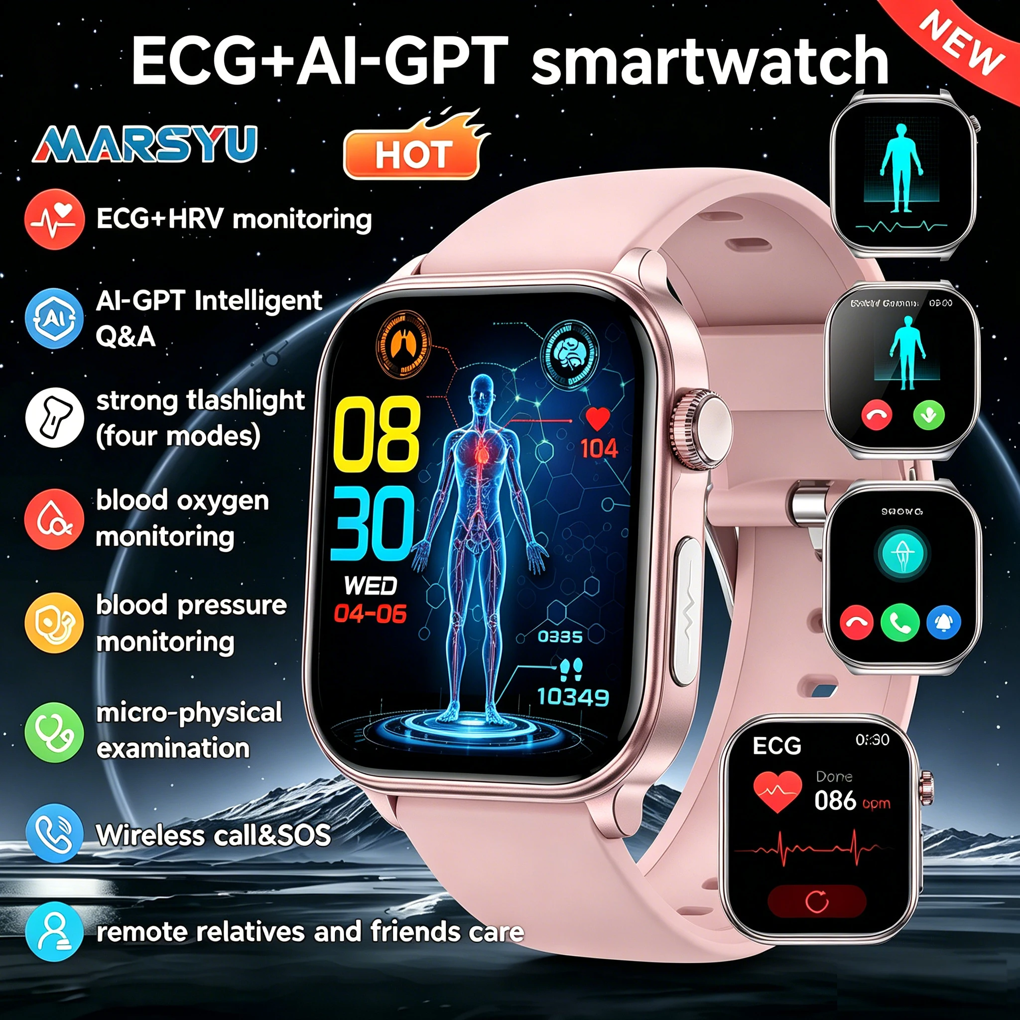 Marsyu Smartwatch 2026 EKG+PPG+HRV Blutfett- und Harnsäure-Körperanalyse Menstruations-Gesundheitstracker Unisex Smartwatch AMOLED Blutkompositions-Gesundheitsüberwachung Bluetooth-Anruf