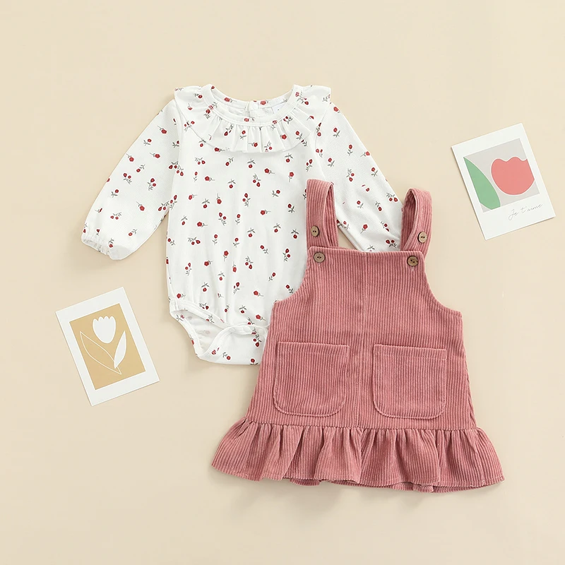 

Newborn Baby Girl Clothes Set Floral Print Long Sleeve Romper Pocket Corduroy Strap Suspender Skirts Girls Outfits 2PCS Set